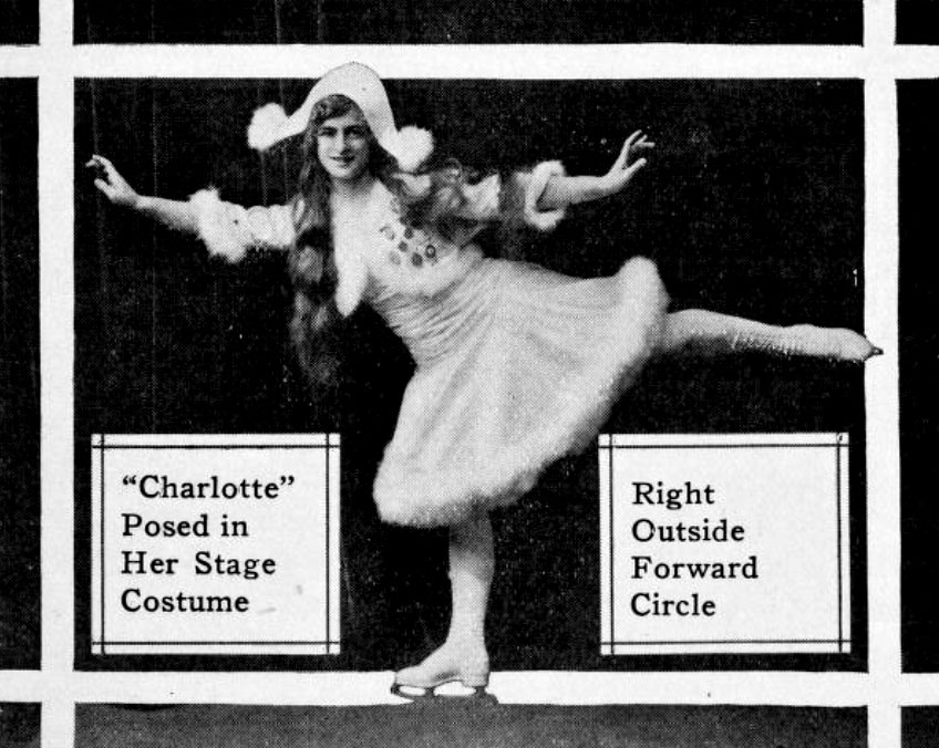 Charlotte skating in a knee-length skirt and white boots